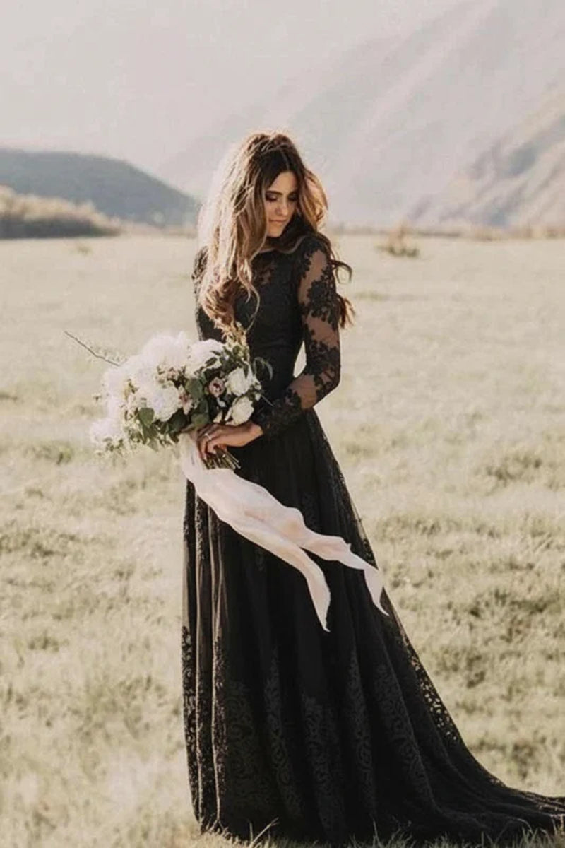 Bridelily Long Sleeve Lace Floor Length Boho Wedding Dresses