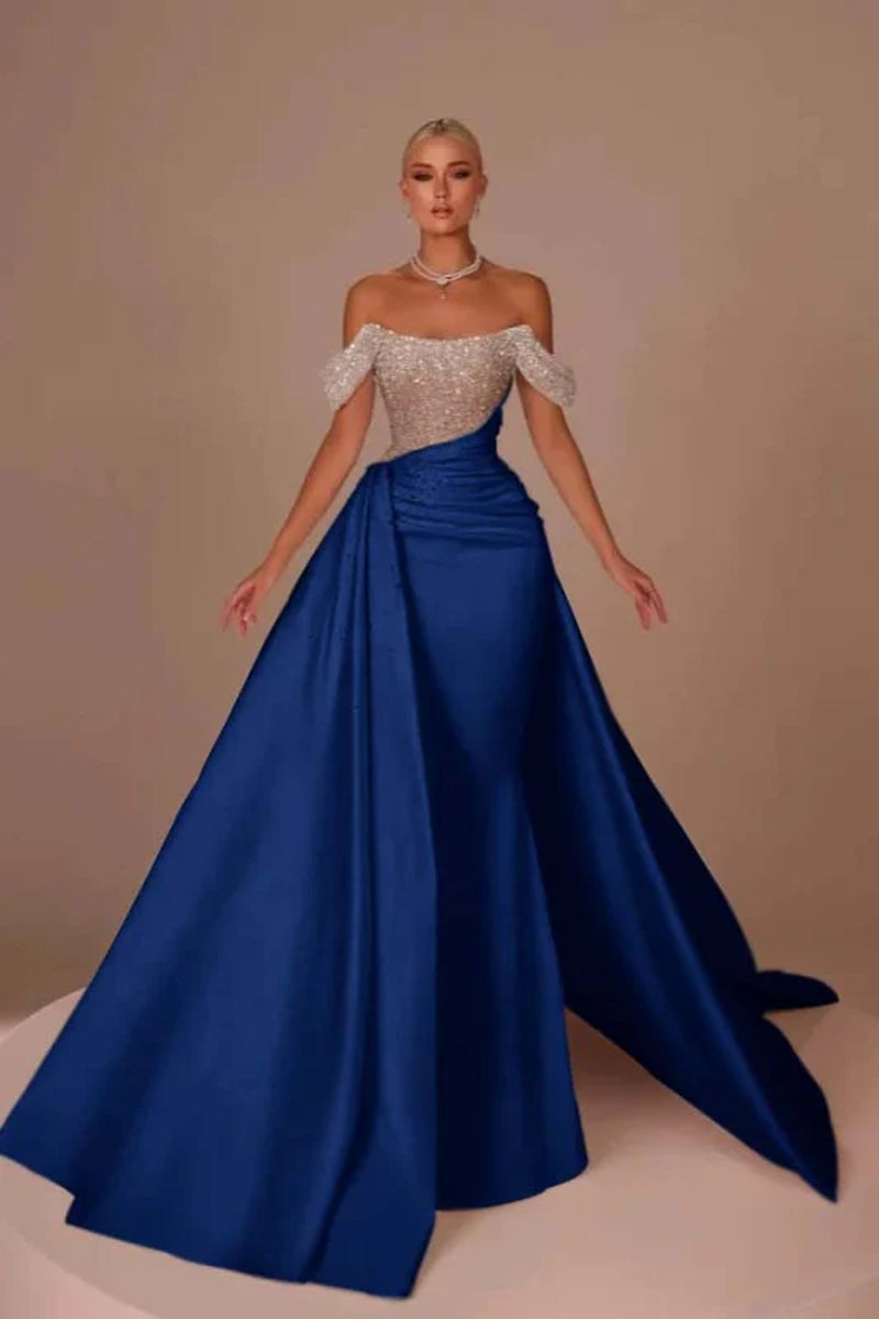Chic Glitter Off-Shoulder Satin Mermaid Chapel Train Wedding Dress