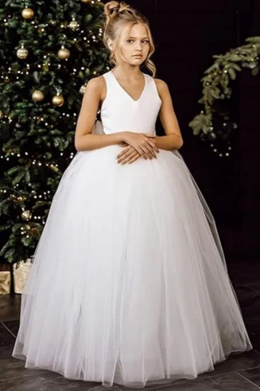 White Flower Girl Dress Satin Long Tulle Dress Toddler Girl Christmas Dress with Bow First Communion Dresses