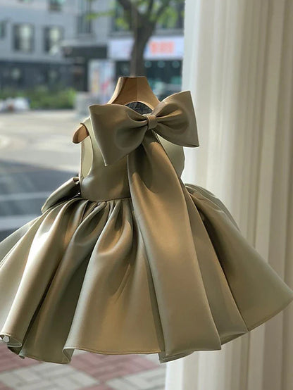 Cute Satin Princess Ball Gown Mini Flower Girl Dresses with Bow