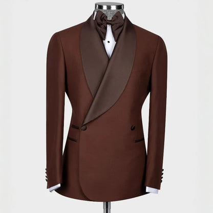 Coffee Shawl Lapel Double Breasted Wedding Suits Slim Fit Tuxedo 2 Pieces Blazers Pants