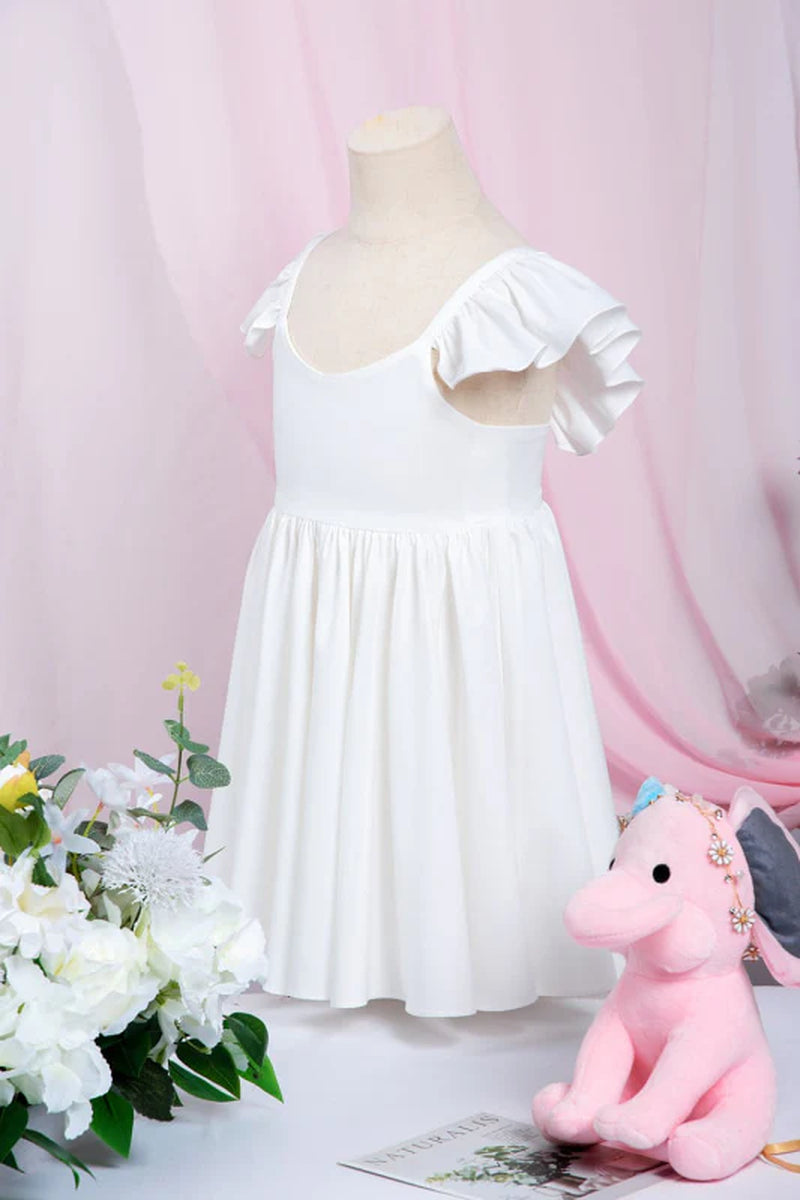 White Ruffle Sleeves Flower Girl Dress Pleated A-Line Little Girl Dress for Wedding Party