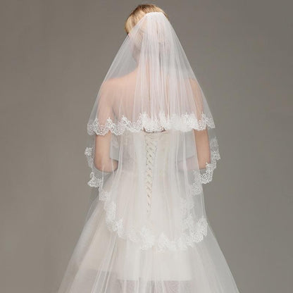 Lace Edge Short with Comb Two Layers Wedding Veils | Bridelily