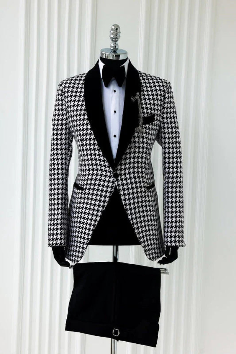 White Shawl Lapel Jacquard Wedding Suits One Buttom Slim Fit Dinner Party Houndstooth Prom Suits