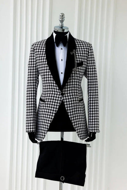 White Shawl Lapel Jacquard Wedding Suits One Buttom Slim Fit Dinner Party Houndstooth Prom Suits