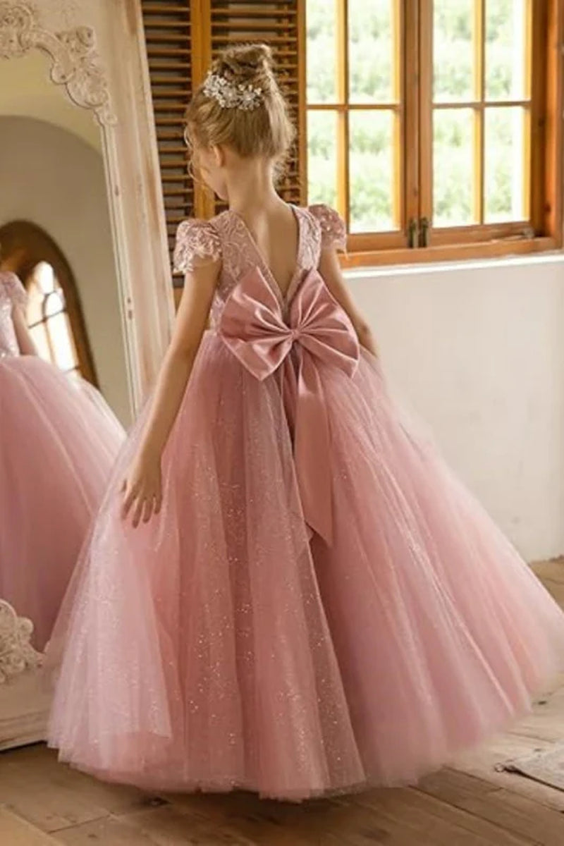 Dusty Pink Tulle Flower Girl Dress with Bow Cap Sleeves Little Girl Formal Evening Dress