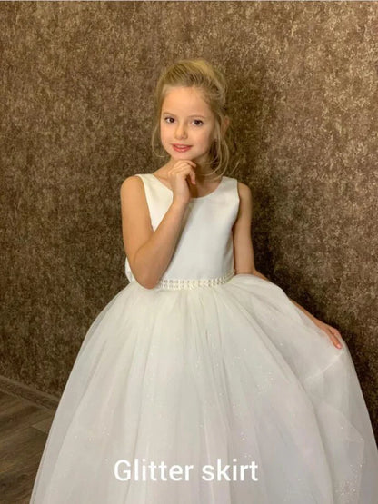 Jewel Neck White Glitter Little Girl Dress for Chrismas Birthday Party Sleevelesss Flower Girl Dress with Bowknot