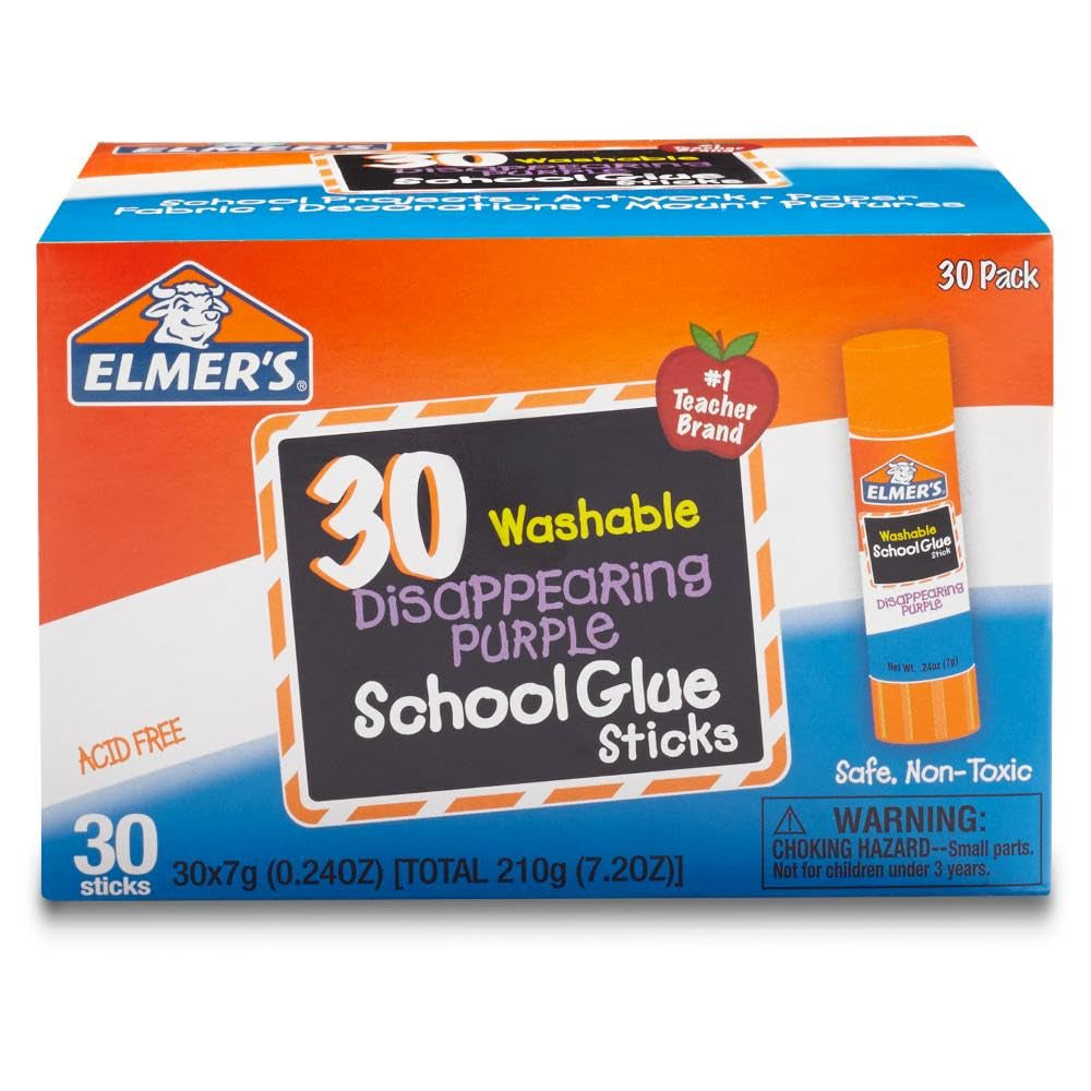 Disappearing Purple School Glue Sticks, Washable, 7 Grams, 30 Count - Posters, Back to School, Bulk Pack for Classrooms, #1 Teacher Brand
