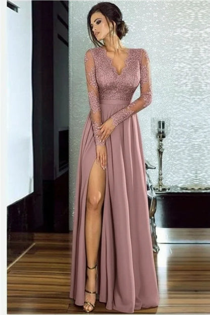 Bridelily A-Line Long Sleeves V-Neck Split Floor-Length Lace Appliques Prom Dresses