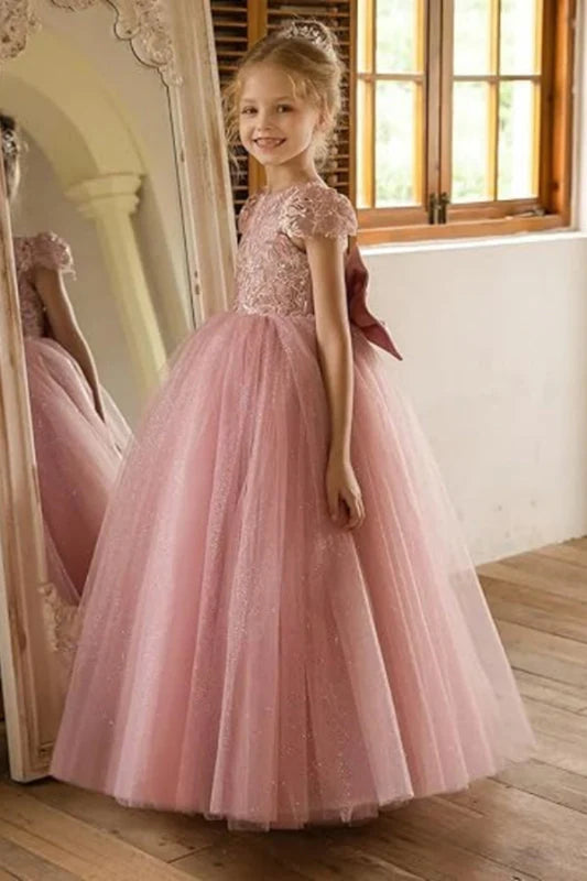 Dusty Pink Tulle Flower Girl Dress with Bow Cap Sleeves Little Girl Formal Evening Dress