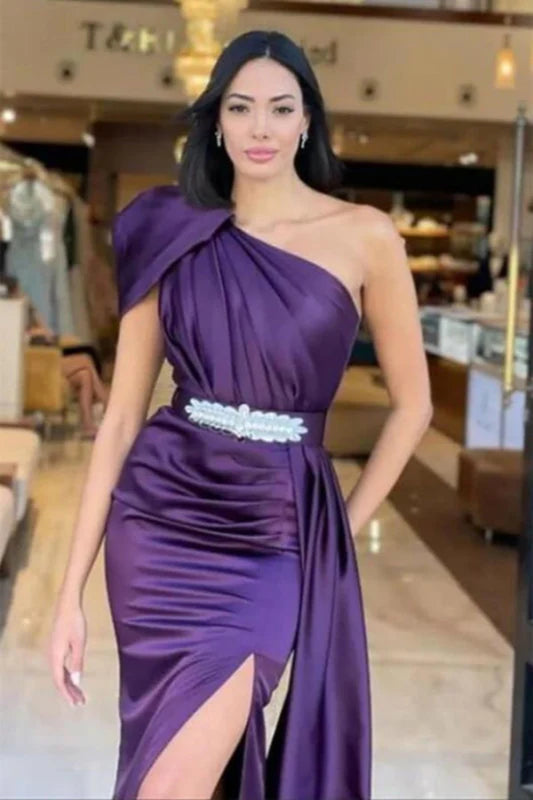 One Shoulder Satin Prom Dress Long with Split Ruffle Evening Dress