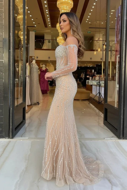 Champagne Sweetheart Mermaid Prom Dress Long Sleeves with Beadings