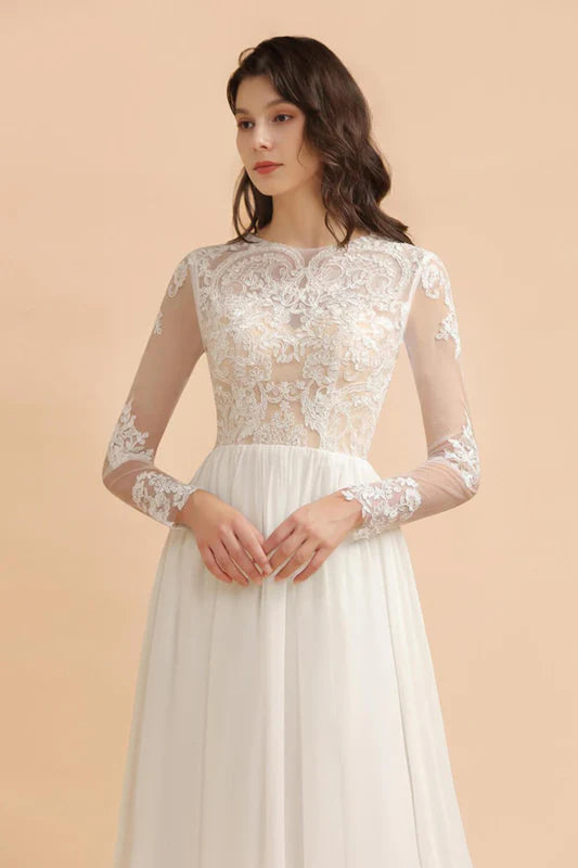 Simple Long Sleeves Lace Floor Length Boho Wedding Dresses