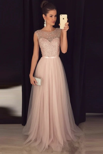 Elegant Gray A-Line Prom Dress Sequined Tulle Evening Gown