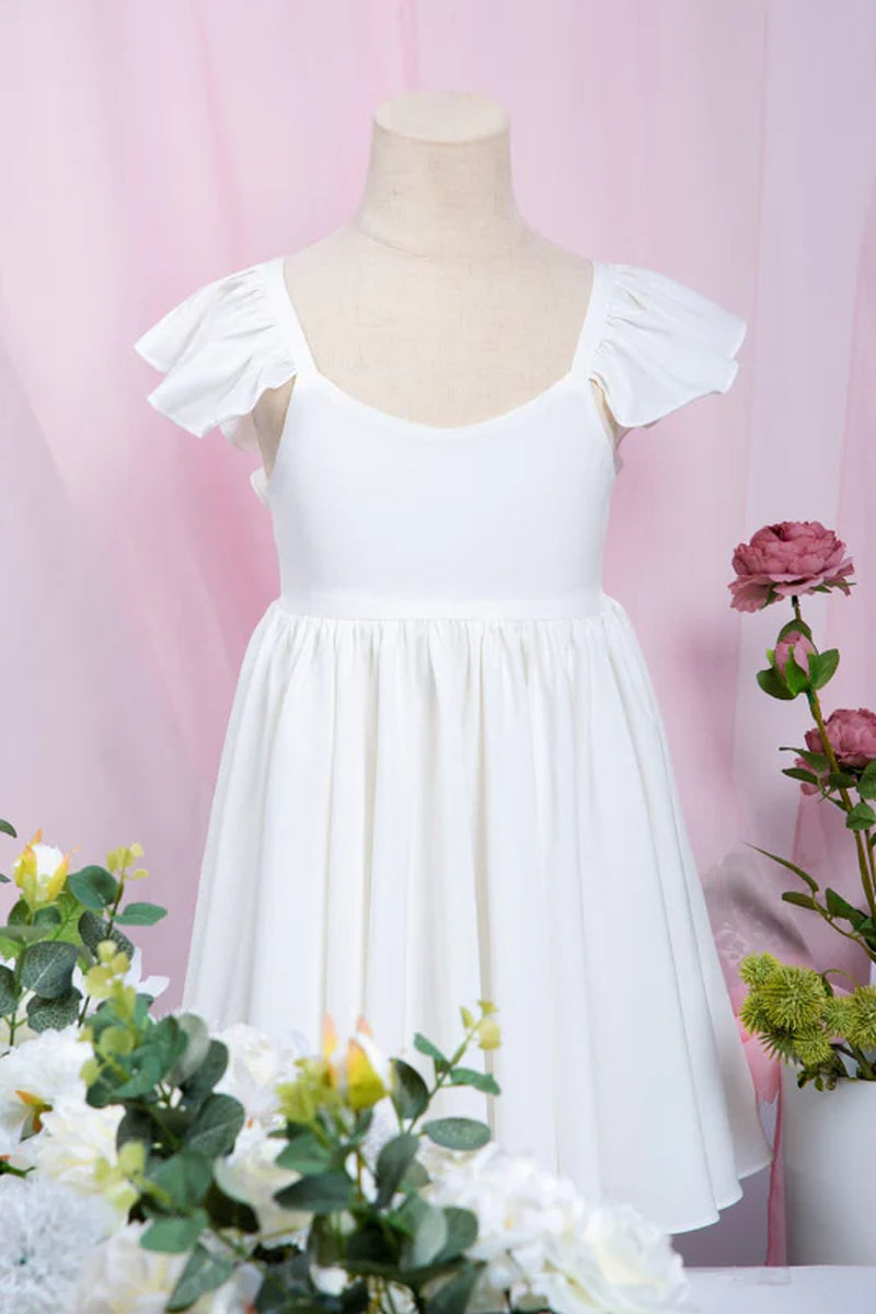 White Ruffle Sleeves Flower Girl Dress Pleated A-Line Little Girl Dress for Wedding Party