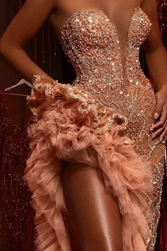 Sweetheart Mermaid Beading Prom Dress Ruffles with Split