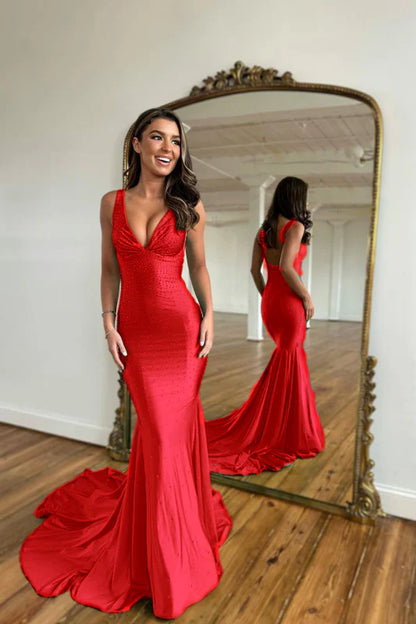 Green Prom Dress Mermaid V Neck Long Evening Dress with Beadings
