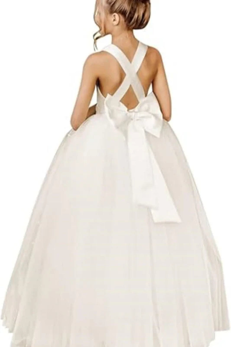 White Flower Girl Dress Satin Long Tulle Dress Toddler Girl Christmas Dress with Bow First Communion Dresses