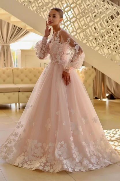 Romantic Long Sleeve Lace Wedding Dress with Appliques Aline Tulle Bridal Gown V-Neck