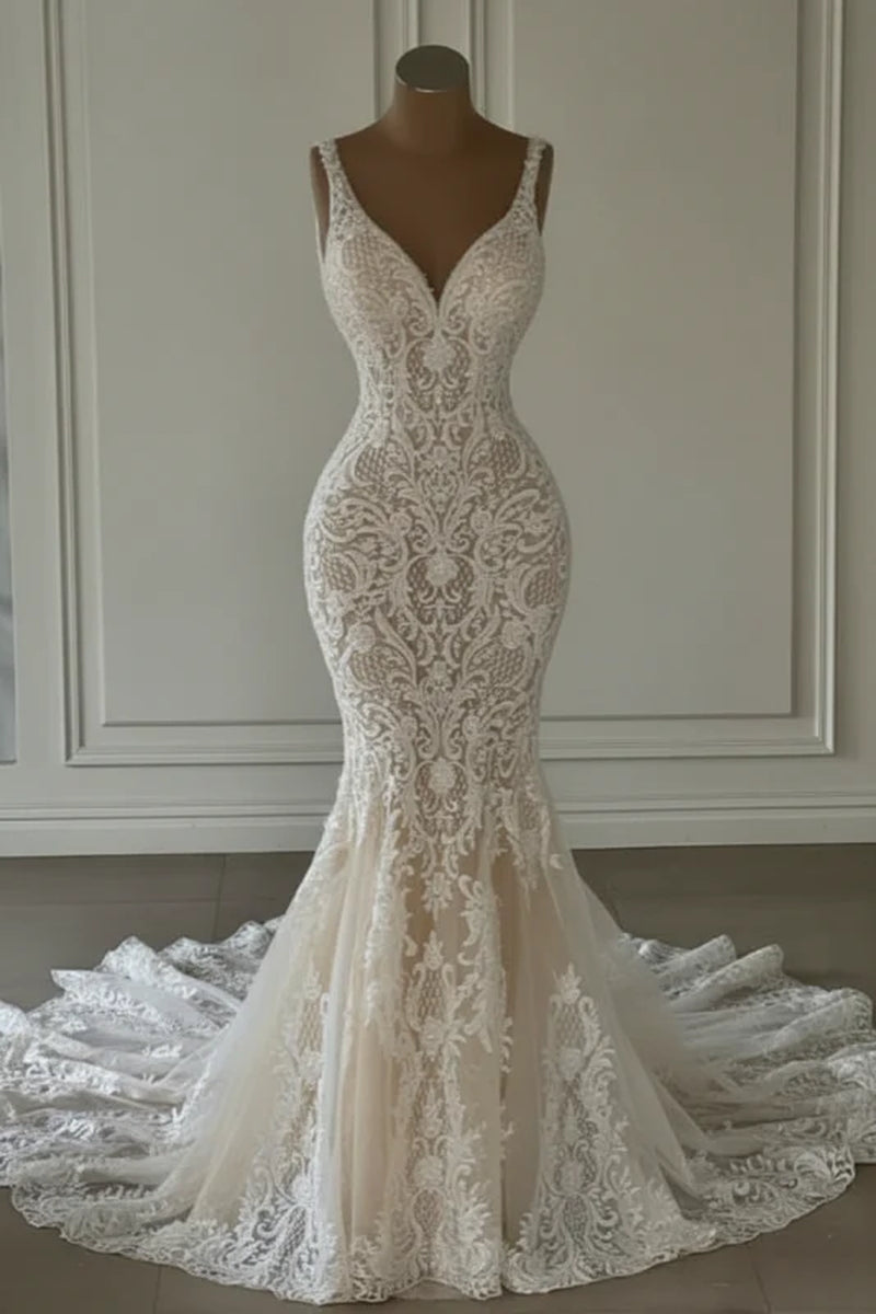 Mermaid Lace Sweetheart Wedding Dress V-Neck Long Bridal Dress with Train