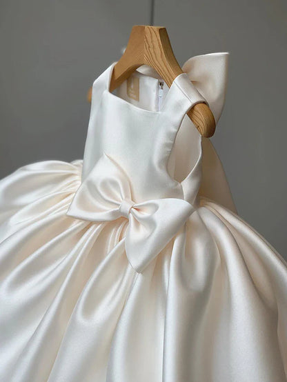 Cute Satin Princess Ball Gown Mini Flower Girl Dresses with Bow