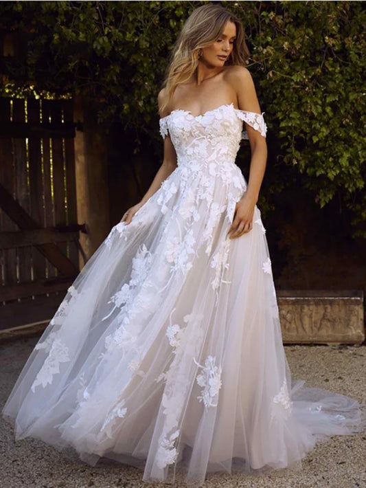 Gorgeous Open Back Appliques Tulle A-Line Wedding Dresses