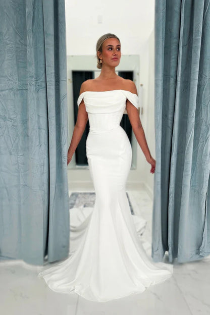 Classy Off-The-Shoulder Ruched Floor-Length Mermaid Wedding Dresses