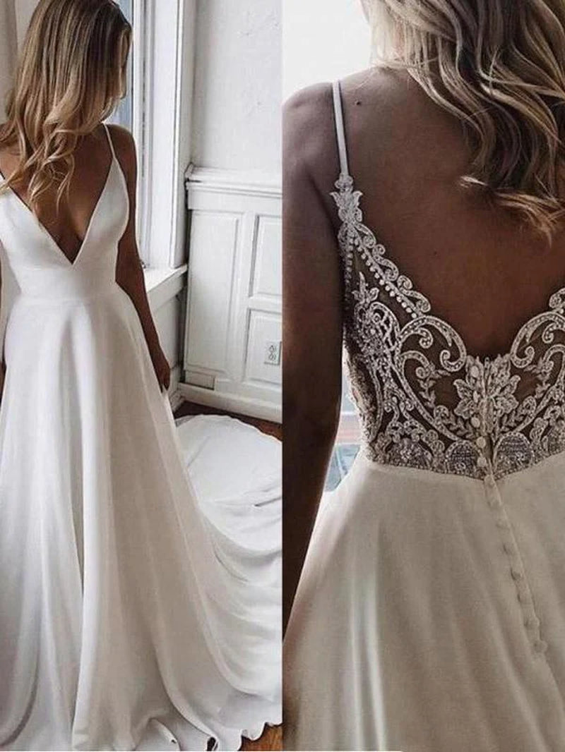 Simple V Neck Chiffon a Line Covered Button Boho Wedding Dresses