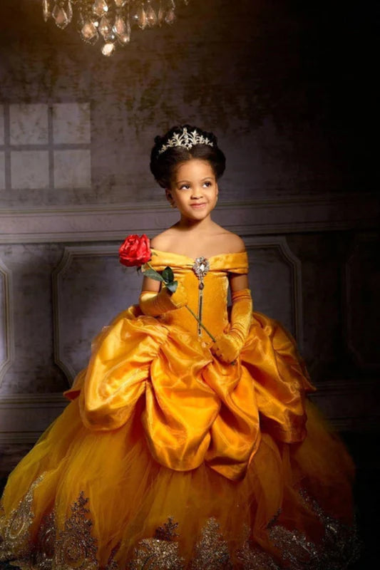 Off-The-Shoulder Ruffle Ball Gown a Line Party Dress Floor Length Birthday Dress for Girls