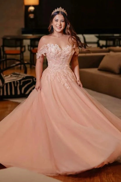 Off-The-Shoulder Aline Wedding Guest Dress with Floral Tulle Evening Dress