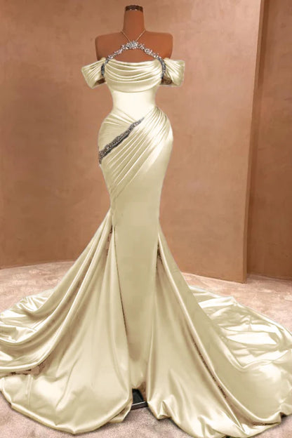 Chic Ruffle Satin Prom Dress Mermaid Off-The-Shoulder Beadings Long Party Gown