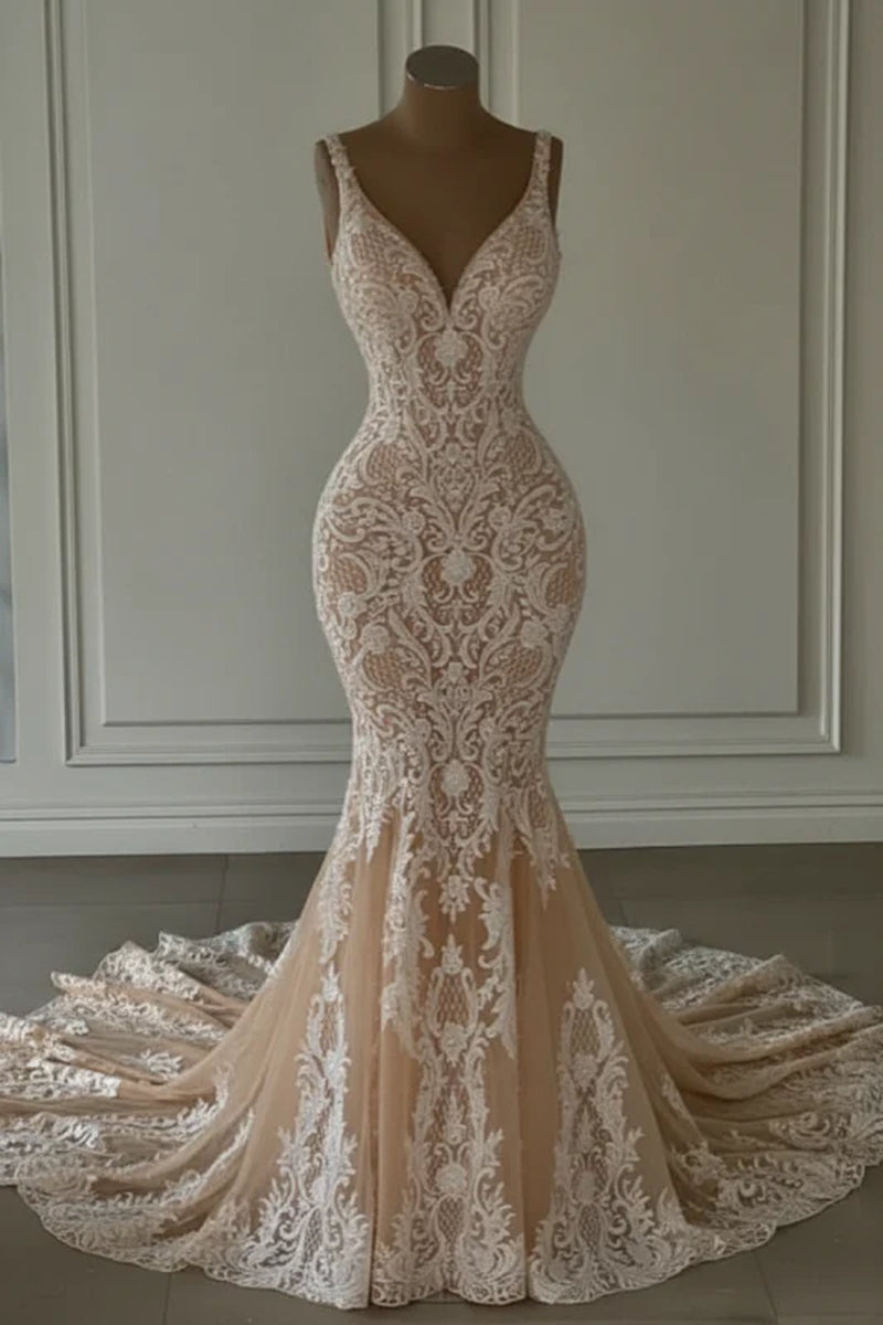 Mermaid Lace Sweetheart Wedding Dress V-Neck Long Bridal Dress with Train