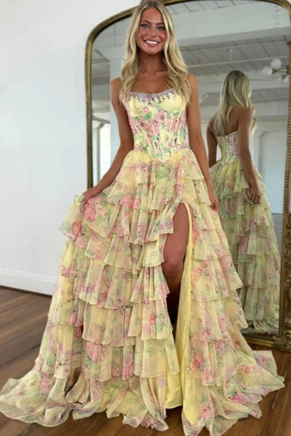 Strapless Floral Tulle Aline Evening Dress Front Split Corset Prom Dress